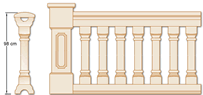 Balaustre SINEU 70 - 
Pasamano  curvo 25, Base-z�calo 25, col.plafon 23, z�calo 25/8 y capitel 35